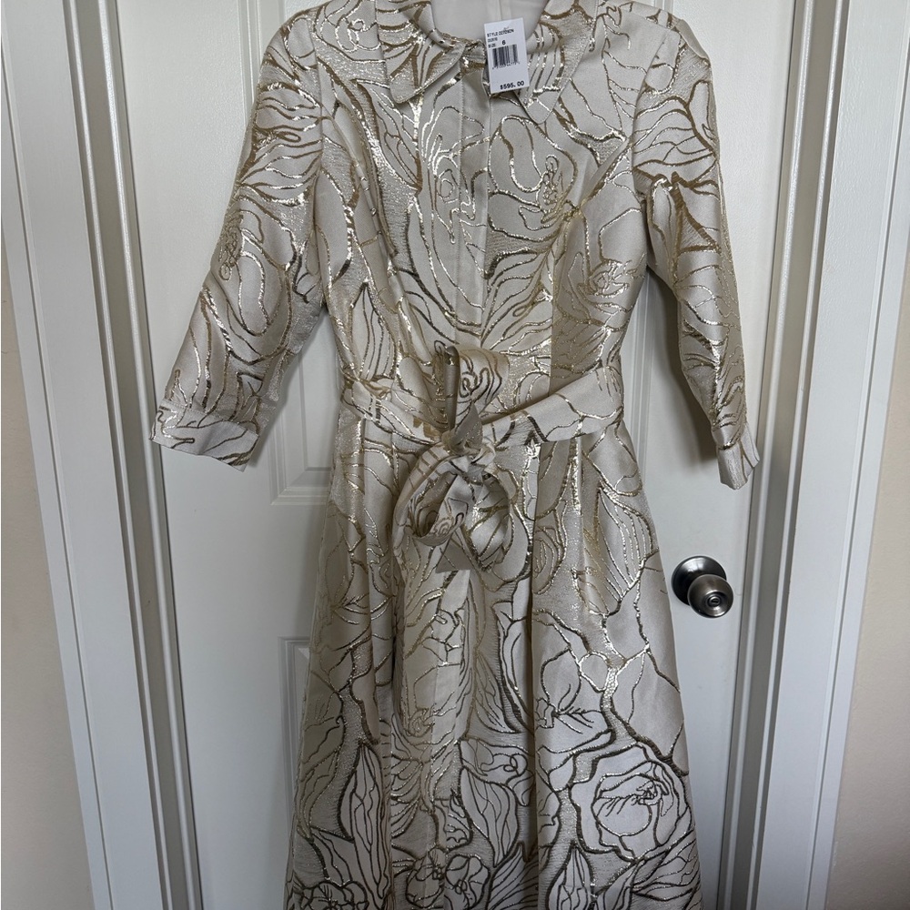 Rickie Freeman for Teri Jon Metallic Jacquard Midi Shirt Dress with Belt